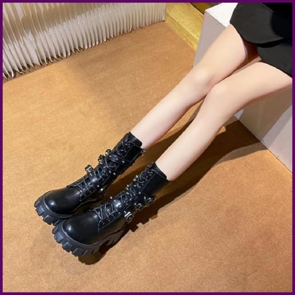 Women's Platform Combat Boots Chunky Heel Side Zip Lace Up Punk Ankle Booties - Picture 4 of 7